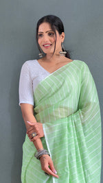 Thumbnail for Malishka Export Cotton Striped  Ready To Wear Saree With Blouse Piece - Parrot - Distacart