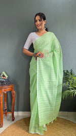 Thumbnail for Malishka Export Cotton Striped  Ready To Wear Saree With Blouse Piece - Parrot - Distacart