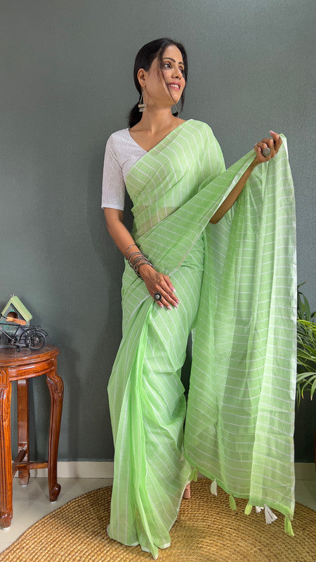 Malishka Export Cotton Striped  Ready To Wear Saree With Blouse Piece - Parrot - Distacart