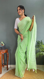 Thumbnail for Malishka Export Cotton Striped  Ready To Wear Saree With Blouse Piece - Parrot - Distacart