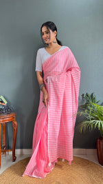 Thumbnail for Malishka Export Cotton Striped  Ready To Wear Saree With Blouse Piece - Pink - Distacart