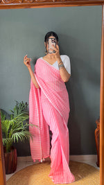 Thumbnail for Malishka Export Cotton Striped  Ready To Wear Saree With Blouse Piece - Pink - Distacart