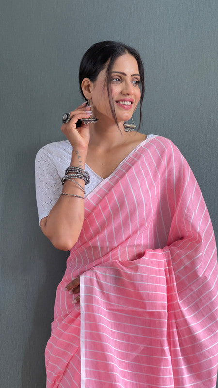 Malishka Export Cotton Striped  Ready To Wear Saree With Blouse Piece - Pink - Distacart