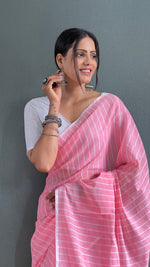 Thumbnail for Malishka Export Cotton Striped  Ready To Wear Saree With Blouse Piece - Pink - Distacart