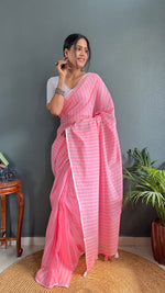 Thumbnail for Malishka Export Cotton Striped  Ready To Wear Saree With Blouse Piece - Pink - Distacart