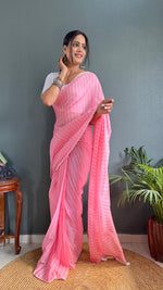 Thumbnail for Malishka Export Cotton Striped  Ready To Wear Saree With Blouse Piece - Pink - Distacart