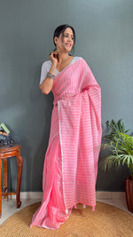 Thumbnail for Malishka Export Cotton Striped  Ready To Wear Saree With Blouse Piece - Pink - Distacart