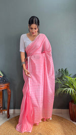 Thumbnail for Malishka Export Cotton Striped  Ready To Wear Saree With Blouse Piece - Pink - Distacart