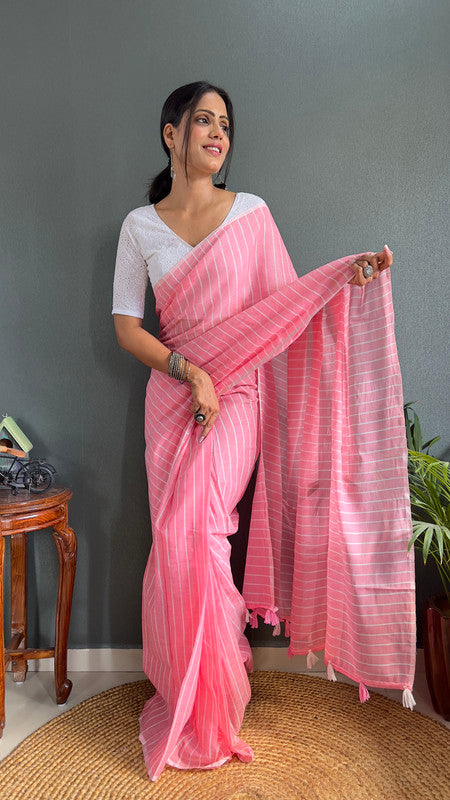 Malishka Export Cotton Striped  Ready To Wear Saree With Blouse Piece - Pink - Distacart