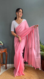Thumbnail for Malishka Export Cotton Striped  Ready To Wear Saree With Blouse Piece - Pink - Distacart