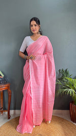 Thumbnail for Malishka Export Cotton Striped  Ready To Wear Saree With Blouse Piece - Pink - Distacart