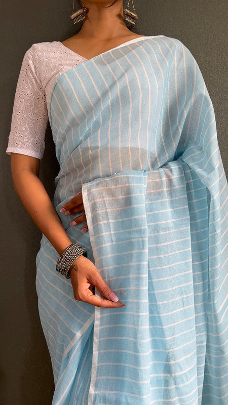 Malishka Export Cotton Striped  Ready To Wear Saree With Blouse Piece - Sky Blue - Distacart