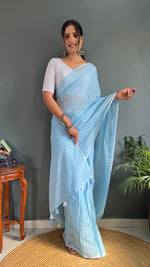 Thumbnail for Malishka Export Cotton Striped  Ready To Wear Saree With Blouse Piece - Sky Blue - Distacart