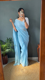 Thumbnail for Malishka Export Cotton Striped  Ready To Wear Saree With Blouse Piece - Sky Blue - Distacart