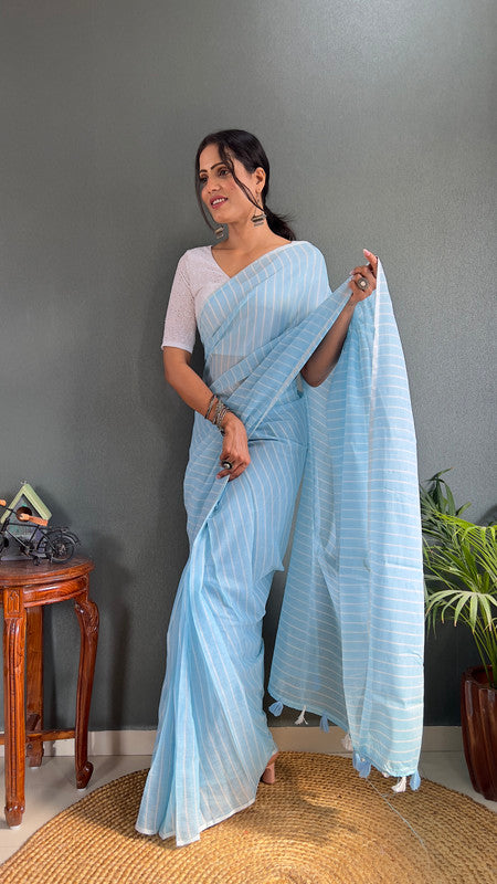 Malishka Export Cotton Striped  Ready To Wear Saree With Blouse Piece - Sky Blue - Distacart