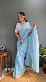 Thumbnail for Malishka Export Cotton Striped  Ready To Wear Saree With Blouse Piece - Sky Blue - Distacart