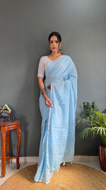 Thumbnail for Malishka Export Cotton Striped  Ready To Wear Saree With Blouse Piece - Sky Blue - Distacart