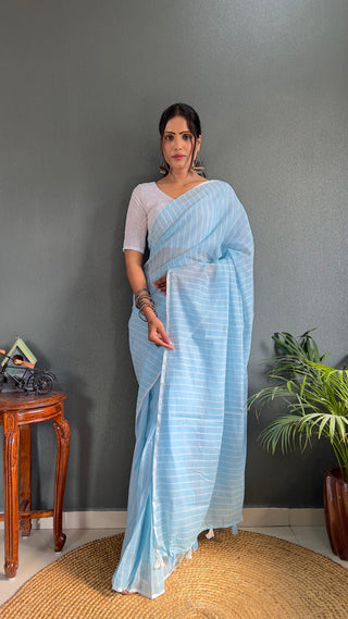 Malishka Export Cotton Striped  Ready To Wear Saree With Blouse Piece - Sky Blue - Distacart