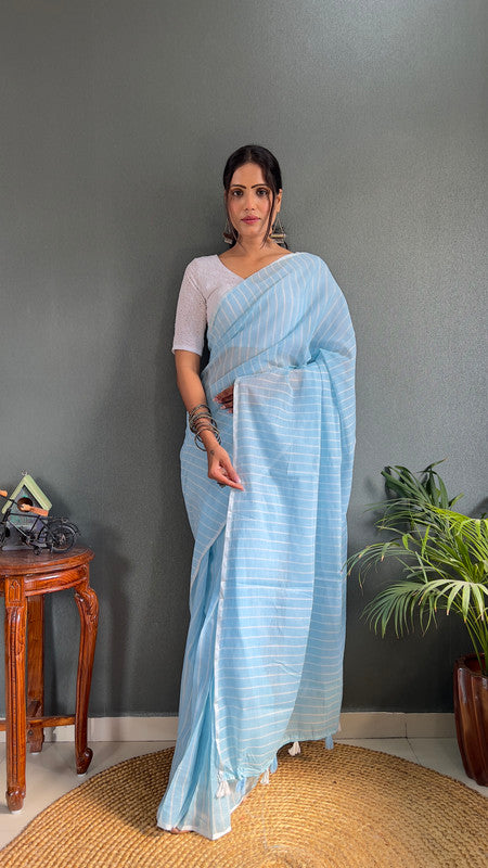Malishka Export Cotton Striped  Ready To Wear Saree With Blouse Piece - Sky Blue - Distacart