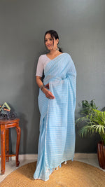 Thumbnail for Malishka Export Cotton Striped  Ready To Wear Saree With Blouse Piece - Sky Blue - Distacart