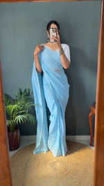 Thumbnail for Malishka Export Cotton Striped  Ready To Wear Saree With Blouse Piece - Sky Blue - Distacart