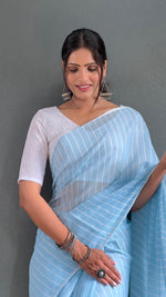 Thumbnail for Malishka Export Cotton Striped  Ready To Wear Saree With Blouse Piece - Sky Blue - Distacart