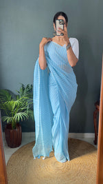 Thumbnail for Malishka Export Cotton Striped  Ready To Wear Saree With Blouse Piece - Sky Blue - Distacart