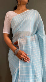 Thumbnail for Malishka Export Cotton Striped  Ready To Wear Saree With Blouse Piece - Sky Blue - Distacart