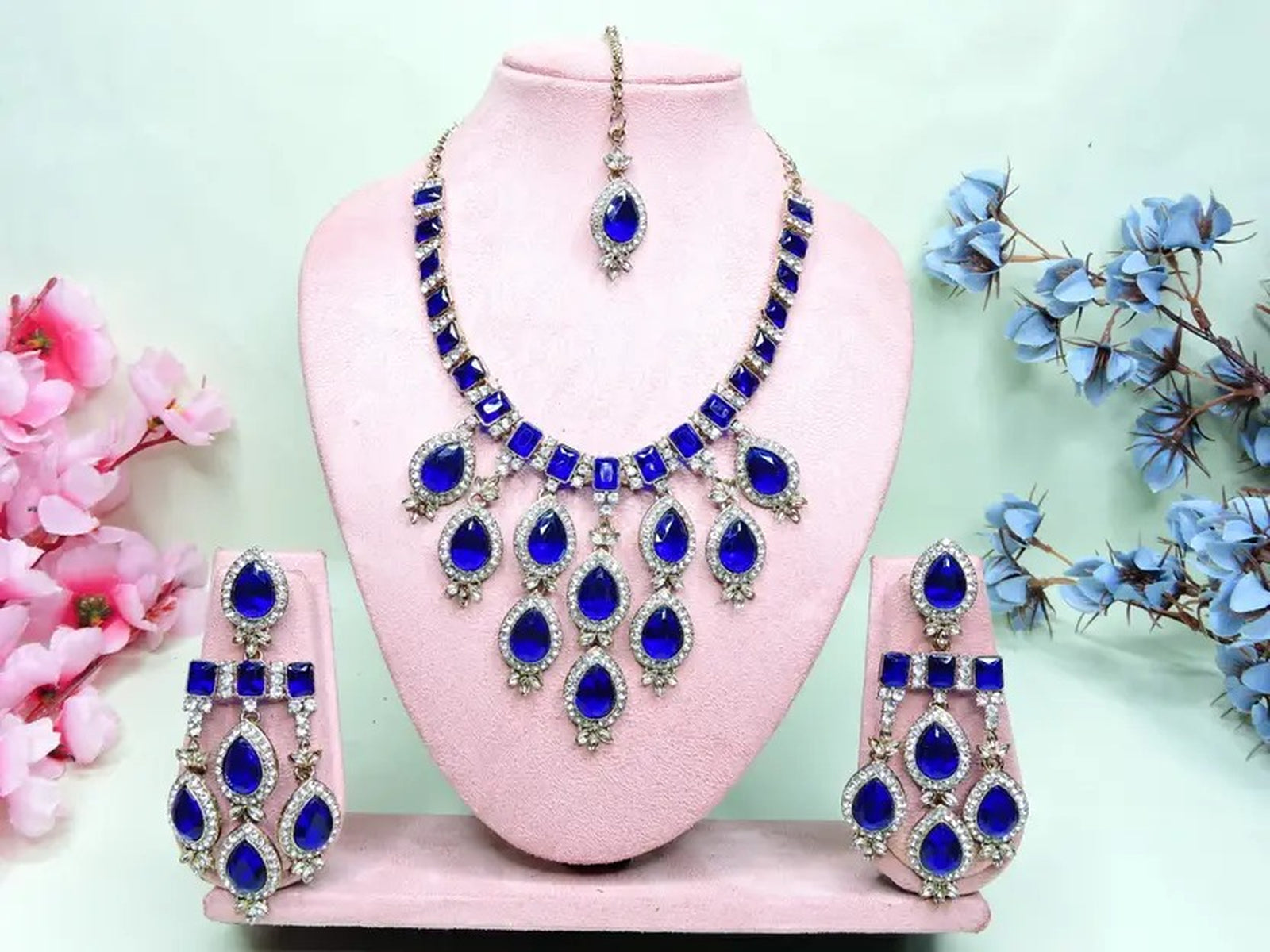 Jewel City Teardrop Bridal Necklace Set with Earrings & Maang Tikka - Ethnic Wedding Jewelry for Brides & Parties - Distacart