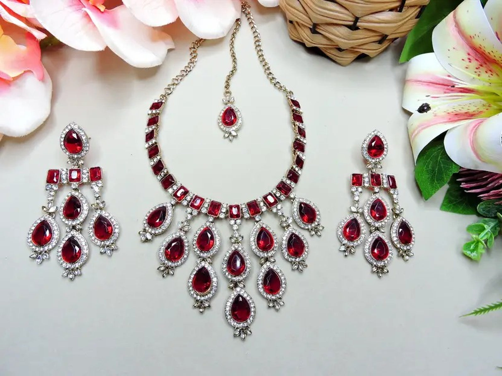 Jewel City Teardrop Bridal Necklace Set with Earrings & Maang Tikka - Ethnic Wedding Jewelry for Brides & Parties