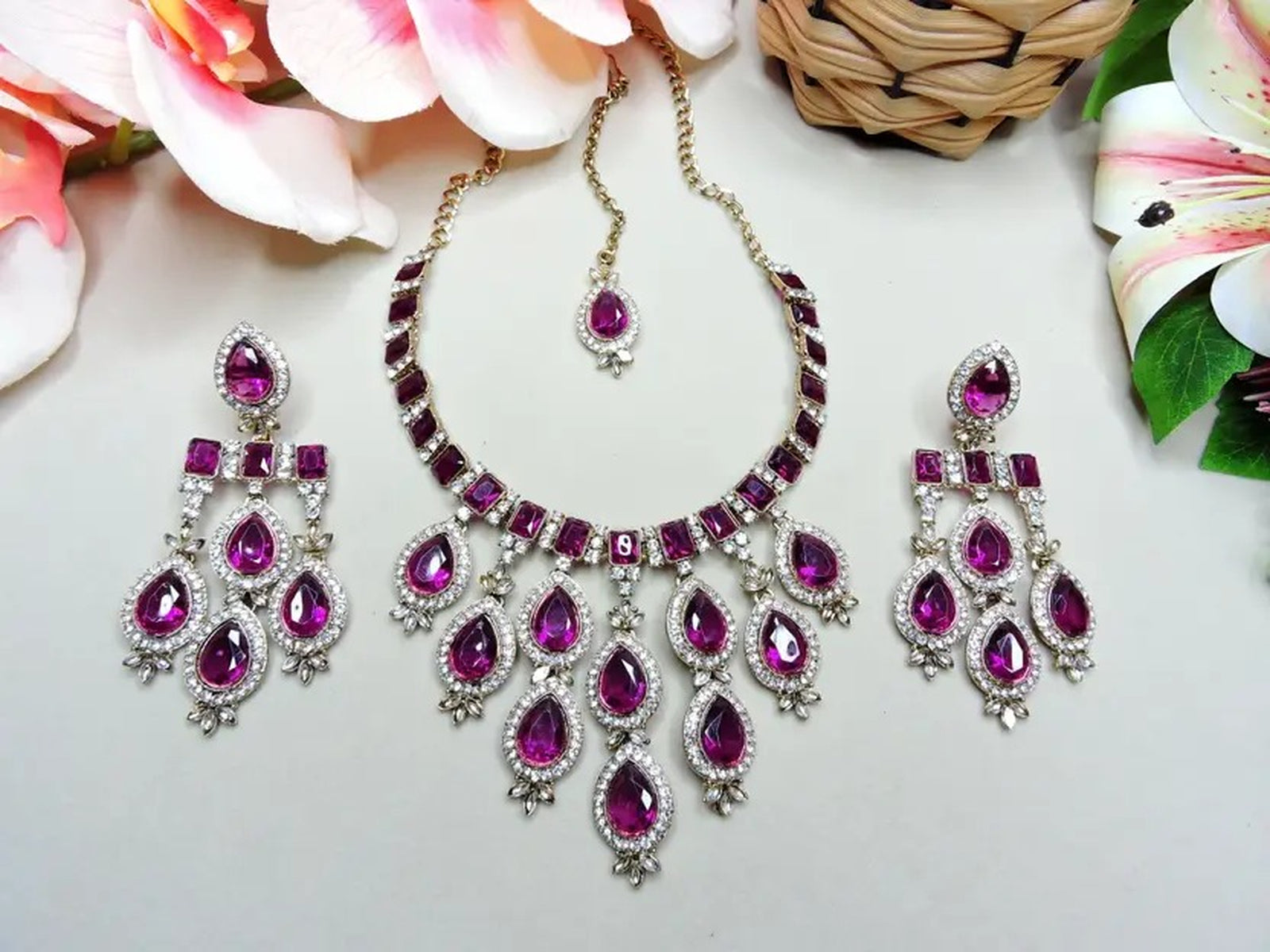 Jewel City Teardrop Bridal Necklace Set with Earrings & Maang Tikka - Ethnic Wedding Jewelry for Brides & Parties - Distacart