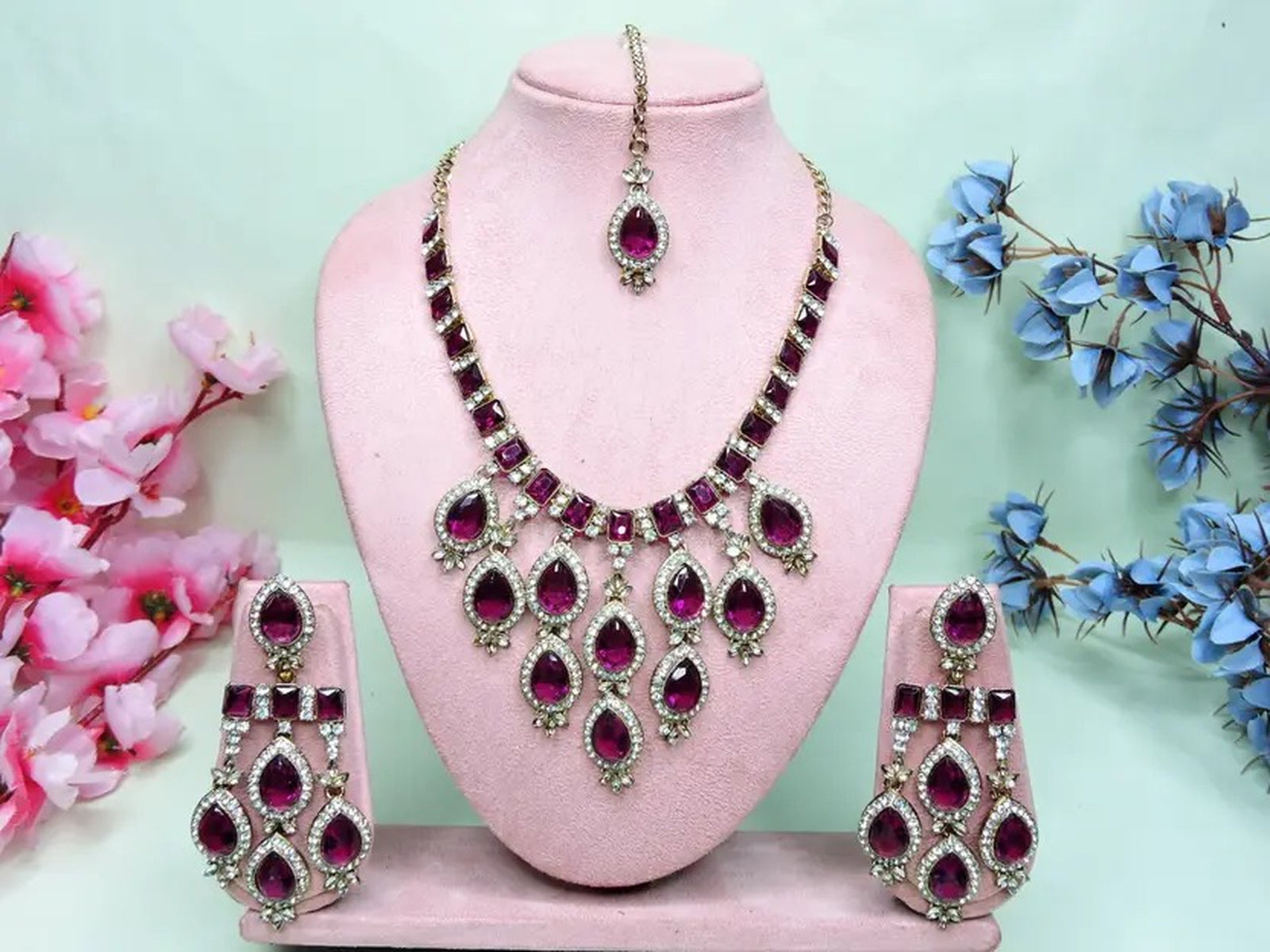 Jewel City Teardrop Bridal Necklace Set with Earrings & Maang Tikka - Ethnic Wedding Jewelry for Brides & Parties