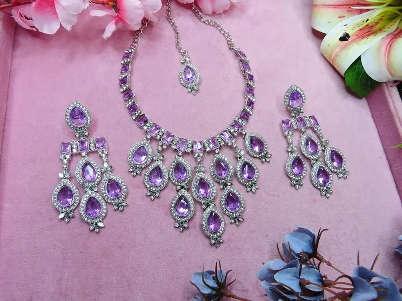 Jewel City Teardrop Bridal Necklace Set with Earrings & Maang Tikka - Ethnic Wedding Jewelry for Brides & Parties - Distacart
