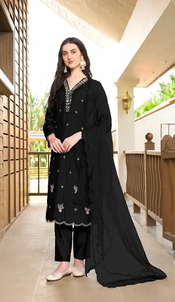 Nikhaar Black Embroidered Art Silk Straight Cut Readymade Pakistani Suit