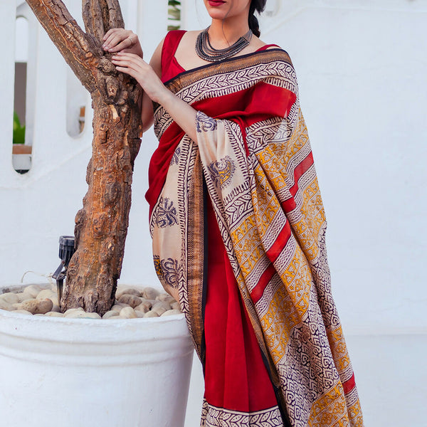 Zibaa Hand-Blocked Pure Maheshwari Silk Red Saree