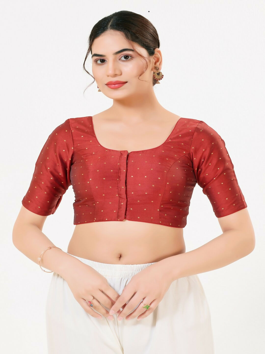 Joban Fashion Dark-Red Taffeta Silk Elbow Sleeveless Front Open Blouse