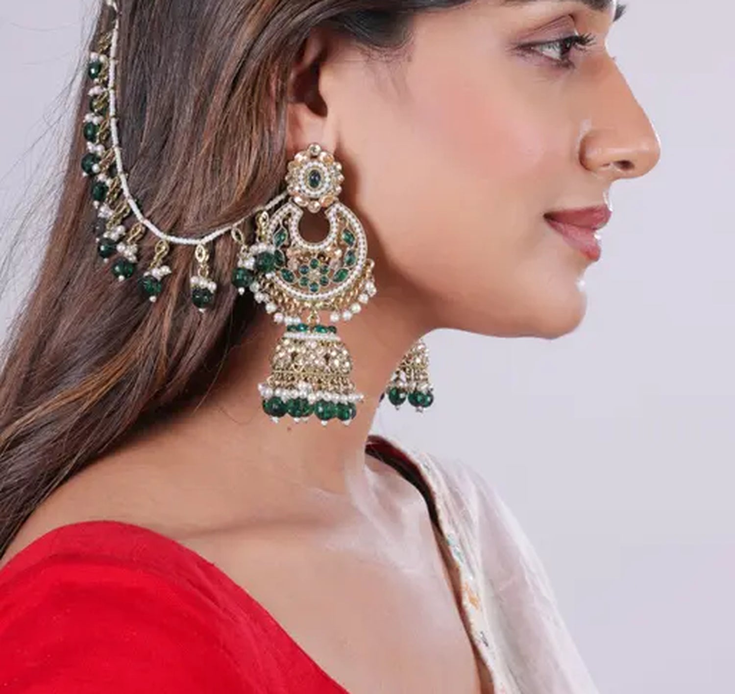 Jewel City Traditional Gold-Plated Green Kundan Chandbali Jhumka Earrings with Hair Chain | Ethnic Bridal Ear Cuff Jewelry