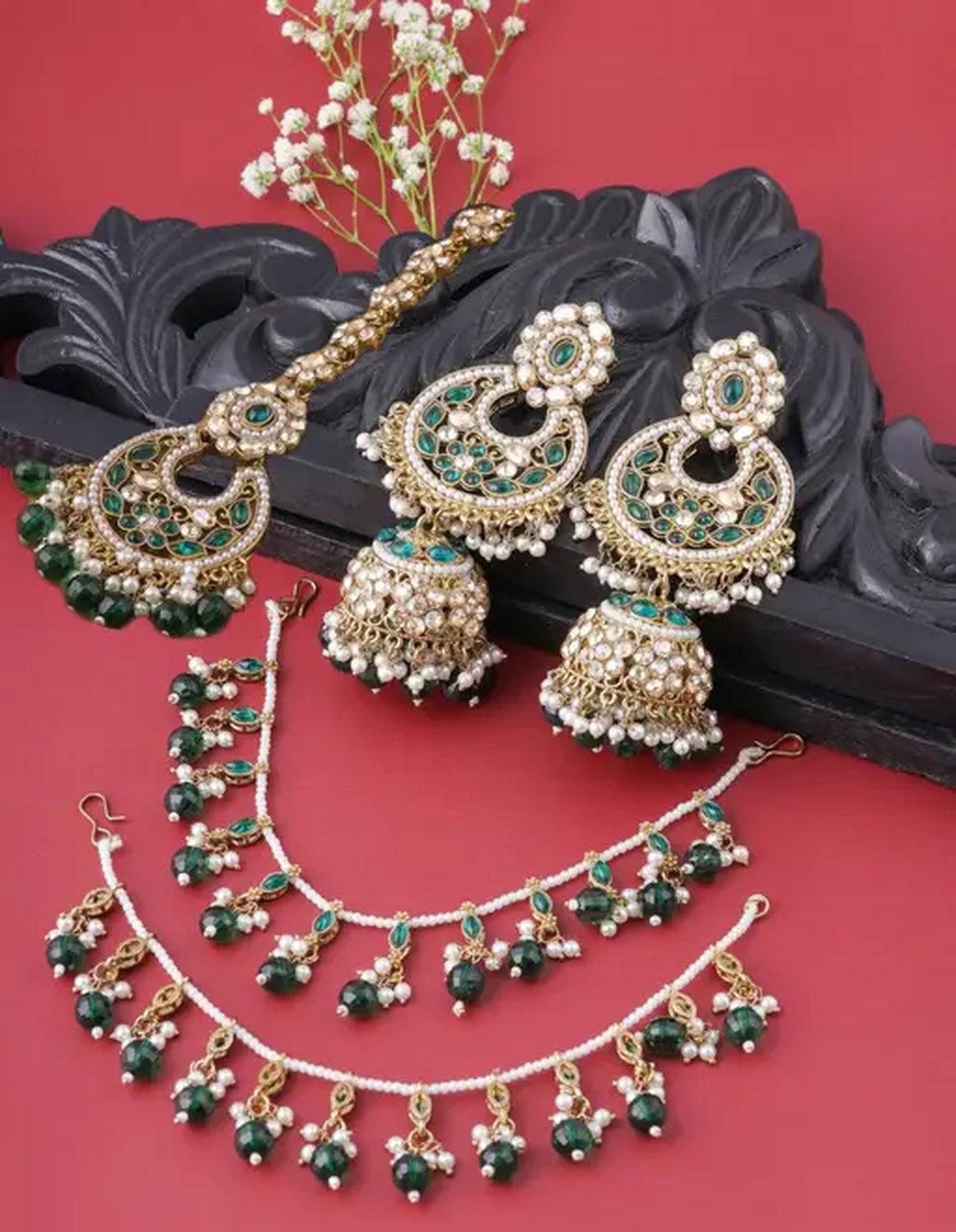 Jewel City Traditional Gold-Plated Green Kundan Chandbali Jhumka Earrings with Hair Chain | Ethnic Bridal Ear Cuff Jewelry
