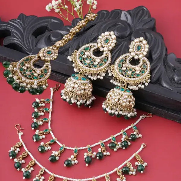 Jewel City Traditional Gold-Plated Green Kundan Chandbali Jhumka Earrings with Hair Chain | Ethnic Bridal Ear Cuff Jewelry - Distacart