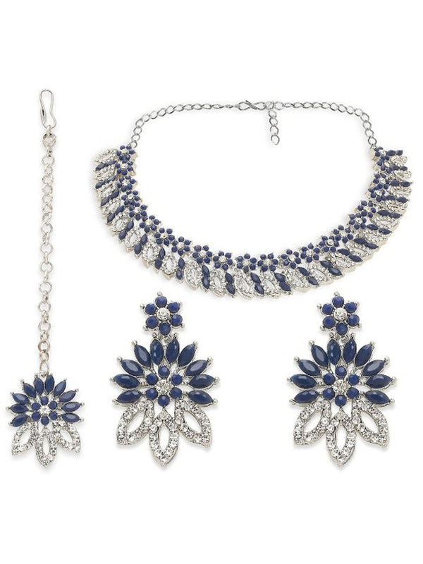 Jewel City Rhodium-Plated Stones Studded Necklace & Earrings With Maang Tika