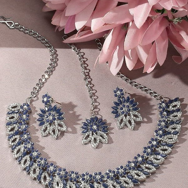 Jewel City Rhodium-Plated Stones Studded Necklace & Earrings With Maang Tika - Distacart
