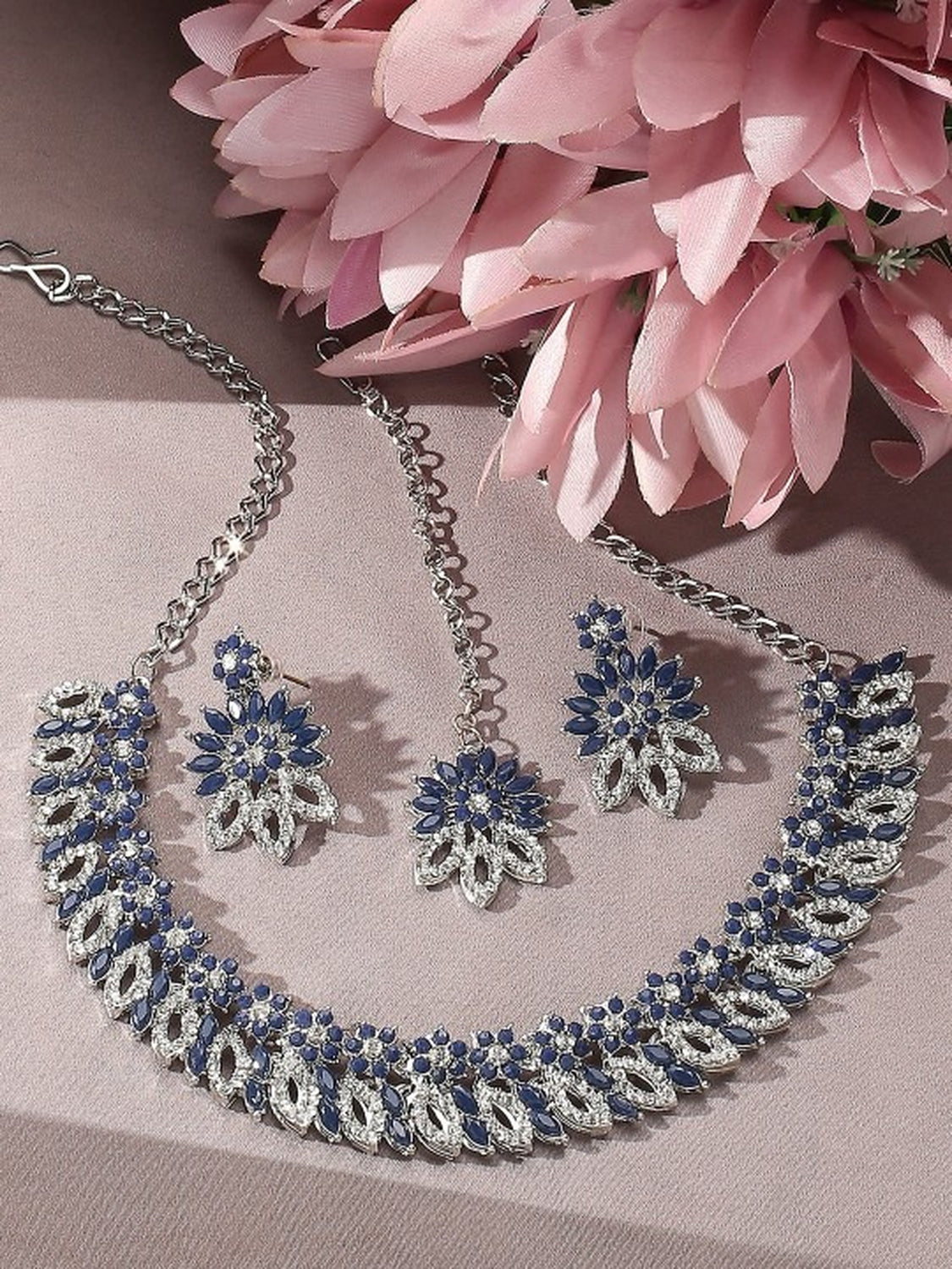 Jewel City Rhodium-Plated Stones Studded Necklace & Earrings With Maang Tika - Distacart