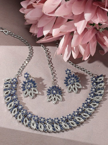 Jewel City Rhodium-Plated Stones Studded Necklace & Earrings With Maang Tika - Distacart