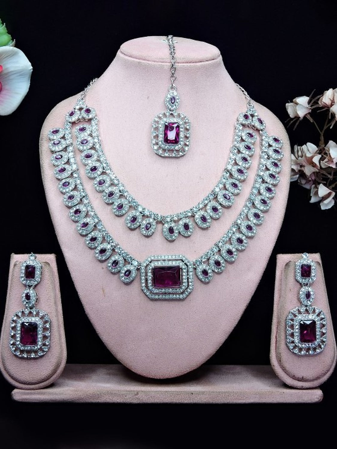 Jewel City Rhodium-Plated Necklace Set | Bridal & Party Statement Jewelry Set for Women | Designer Choker, Earrings, Maang Tikka