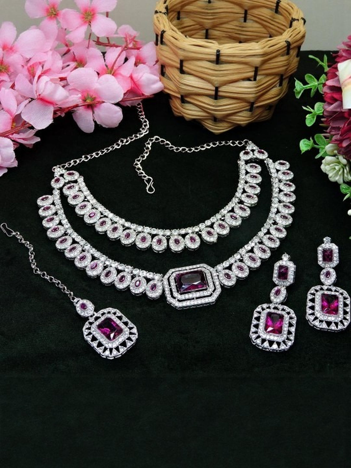 Jewel City Rhodium-Plated Necklace Set | Bridal & Party Statement Jewelry Set for Women | Designer Choker, Earrings, Maang Tikka