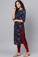 Thumbnail for Ahika Women Navy Blue and Pink floralÂ Printed Blue Rayon Blend Fabric Kurti - Distacart