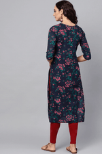 Thumbnail for Ahika Women Navy Blue and Pink floralÂ Printed Blue Rayon Blend Fabric Kurti - Distacart