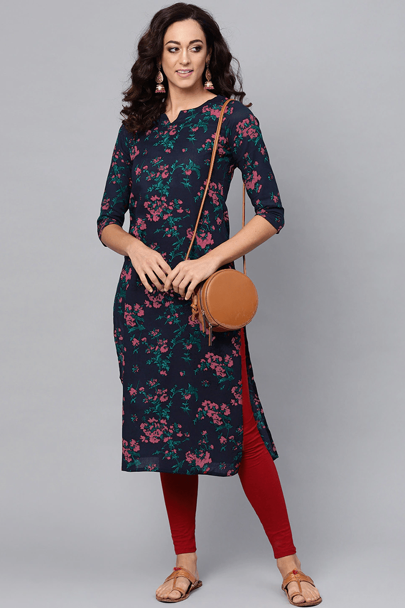 Ahika Women Navy Blue and Pink floralÂ Printed Blue Rayon Blend Fabric Kurti - Distacart