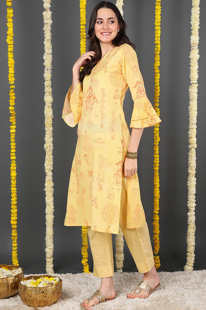 Ahika Women Cotton Fabric Yellow Color Printed Trendy Kurti