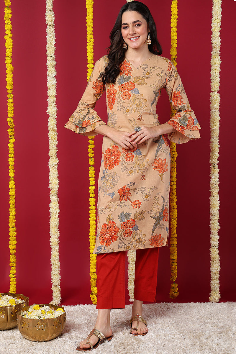 Ahika Chikoo Brown Occasion Wear Cotton Fabric Printed Stylish Kurti VCK1174